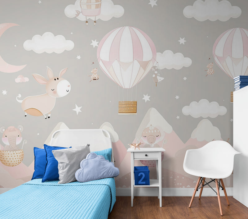 Papier Peint Enfant - Montgolfières Et Montagnes Roses