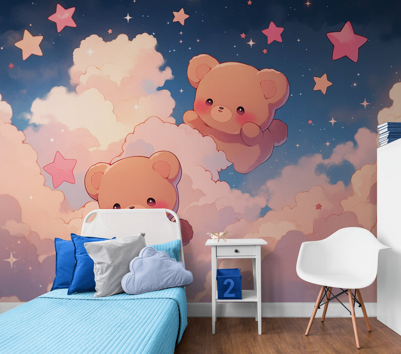 Papier Peint Enfant - Oursons Dans Les Nuages