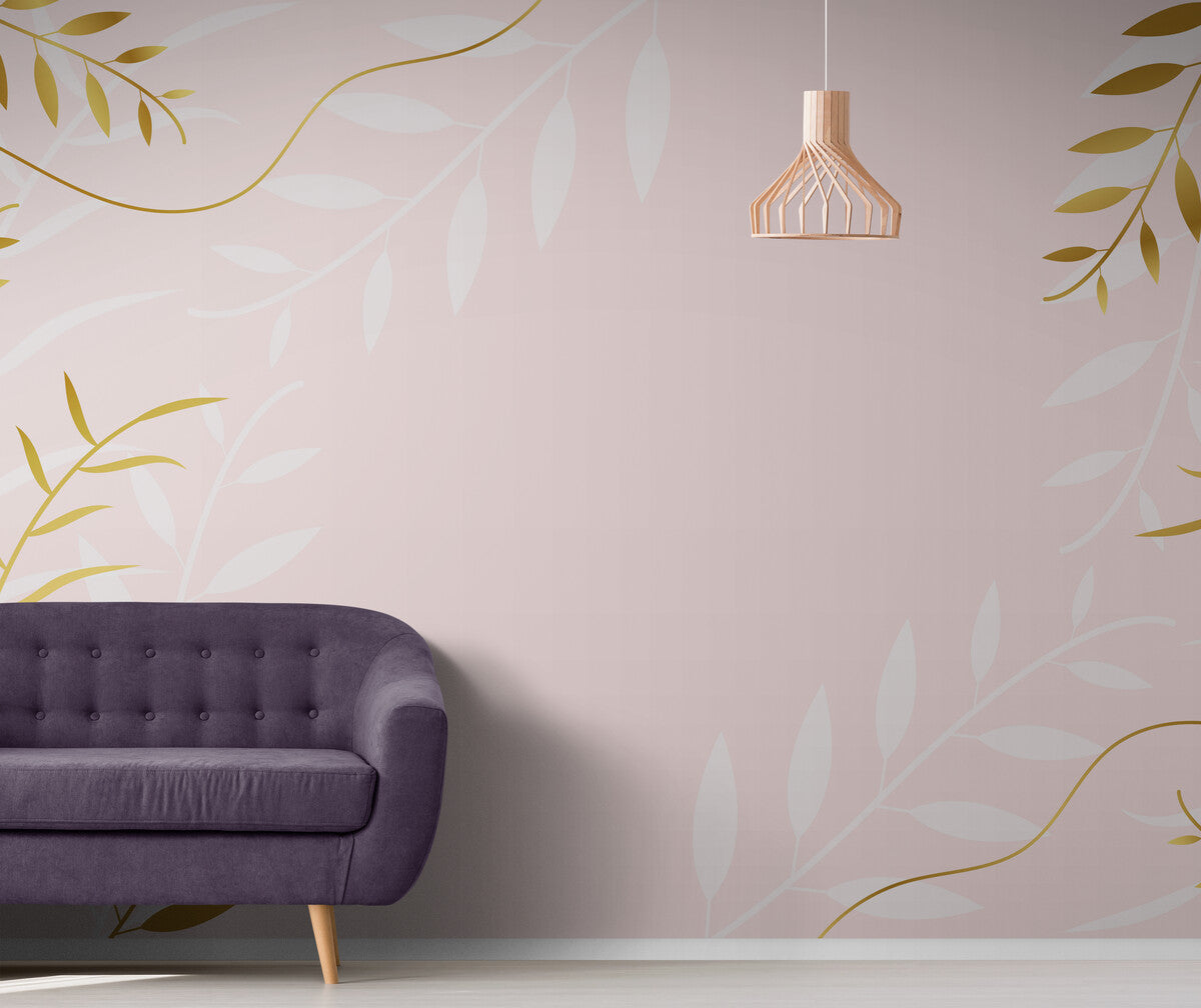 Floral Wallpaper - Golden Branches on a Pink Background