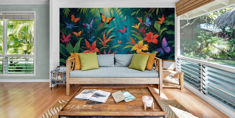 Papier Peint Abstrait - Feuillage Tropical Et Papillons