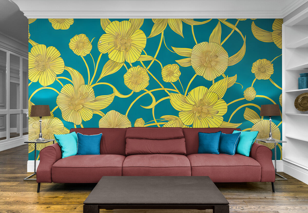 Papier Peint Floral - Fleurs Jaunes sur Fond Bleu Profond