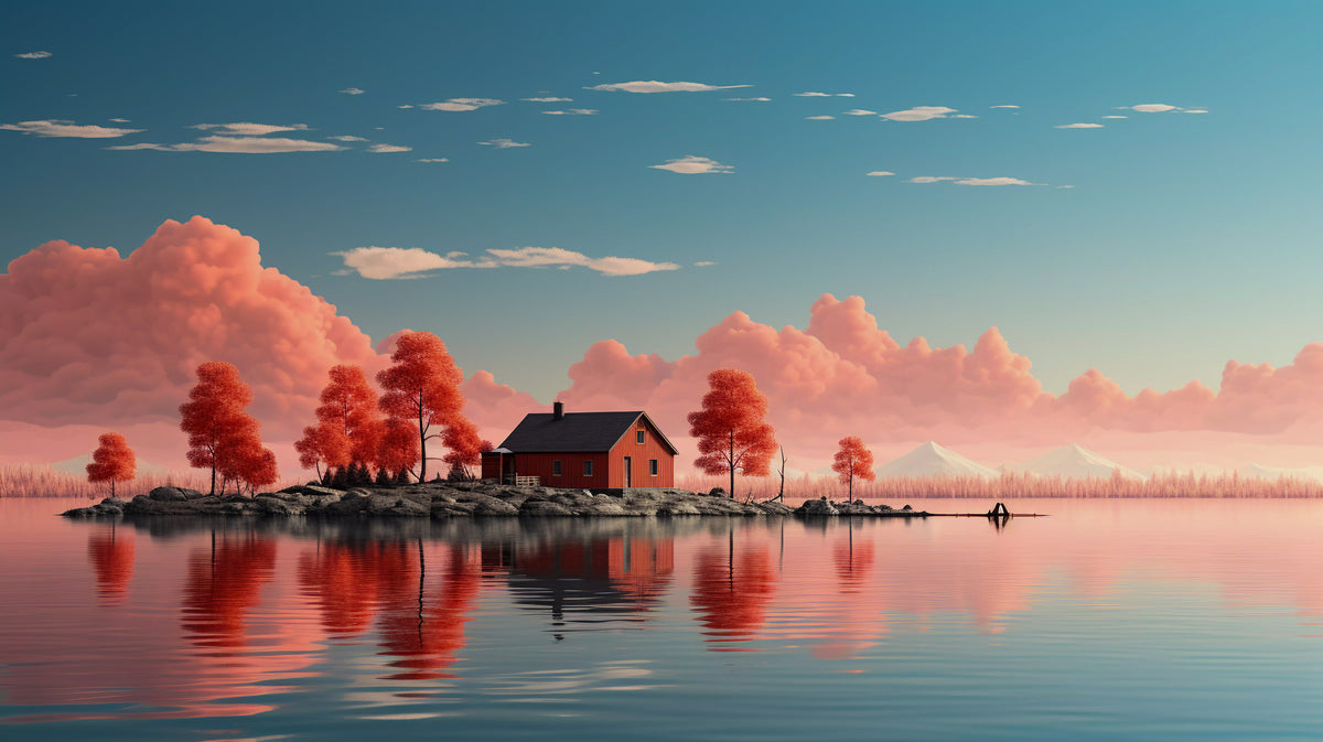 Papier peint paysage - Maison au bord d'un lac entourée d'arbres roses