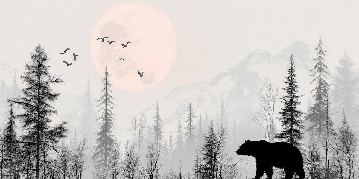 Papier peint animaux - ours noir dans la forêt brumeuse