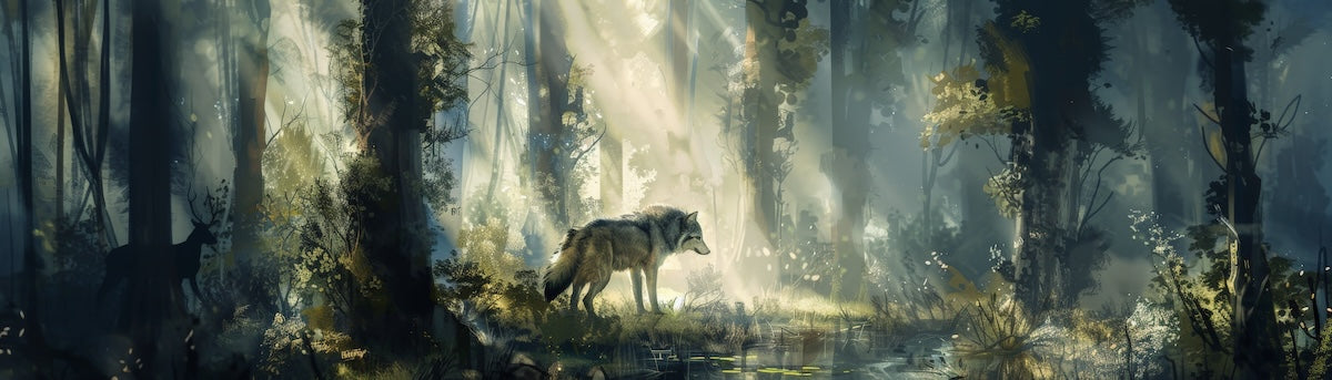 Papier peint animaux - loup rôdant dans les bois sombre