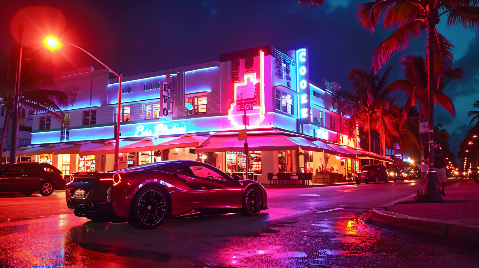 Papier Peint Miami - Supercar Néon Art Deco