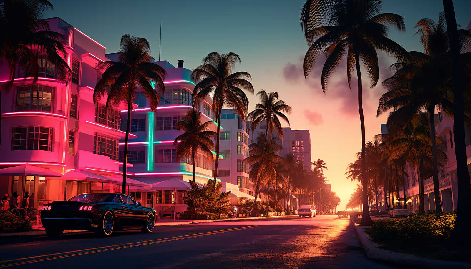 Papier Peint Miami Sunset - Ocean Drive Rétro Néon