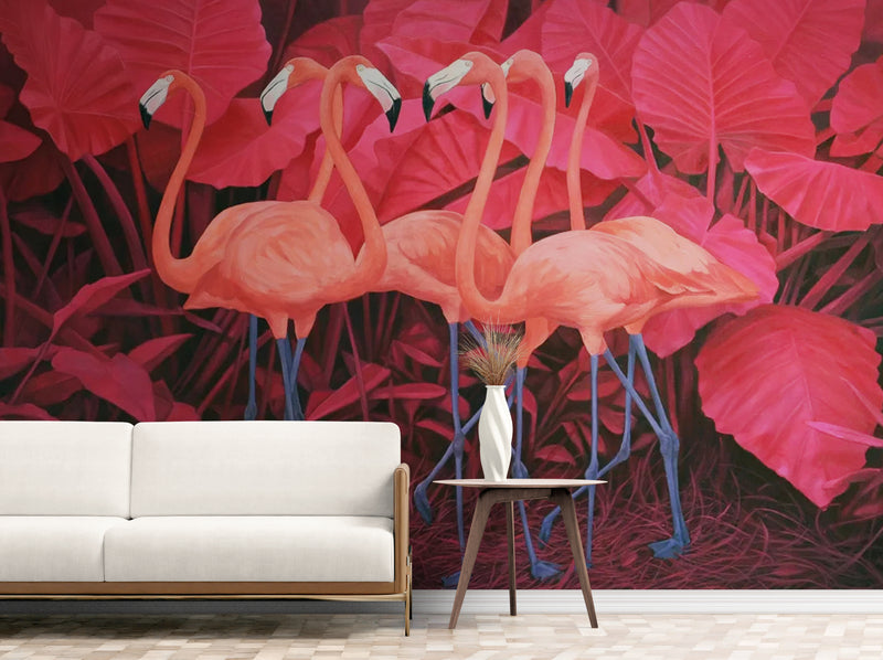 Papier Peint Illustration - Plantes Tropicales Rouges Et Flamants Roses