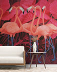 Papier Peint Illustration - Plantes Tropicales Rouges Et Flamants Roses