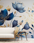 Papier Peint Contemporain - Floral Bleu Et Jaune