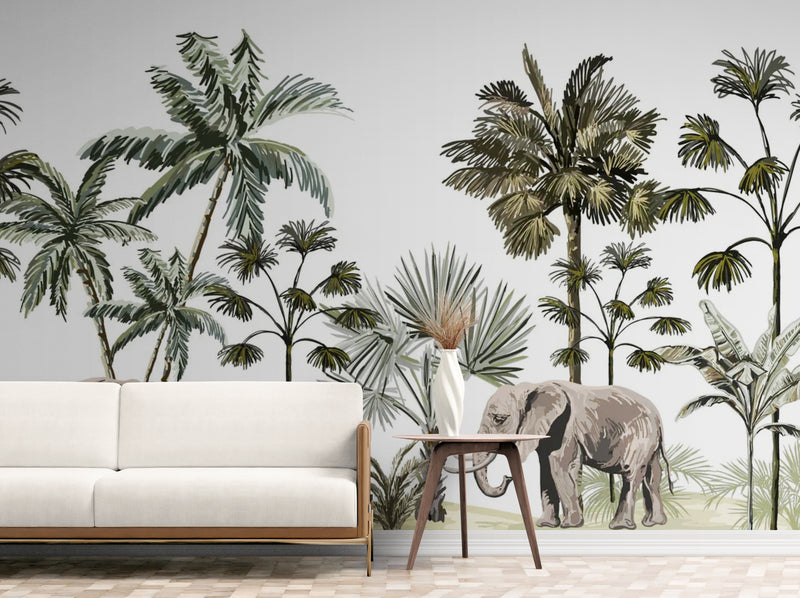 Papier Peint Exotique - Éléphant Et Plantes Tropicales