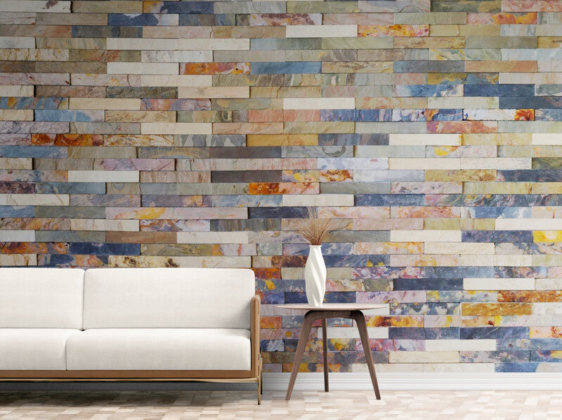 Papier Peint Imitation - Mur De Brique Rouge Bleu Et Gris