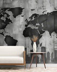 Papier Peint Art & Déco - Carte Du Monde Noir Et Gris