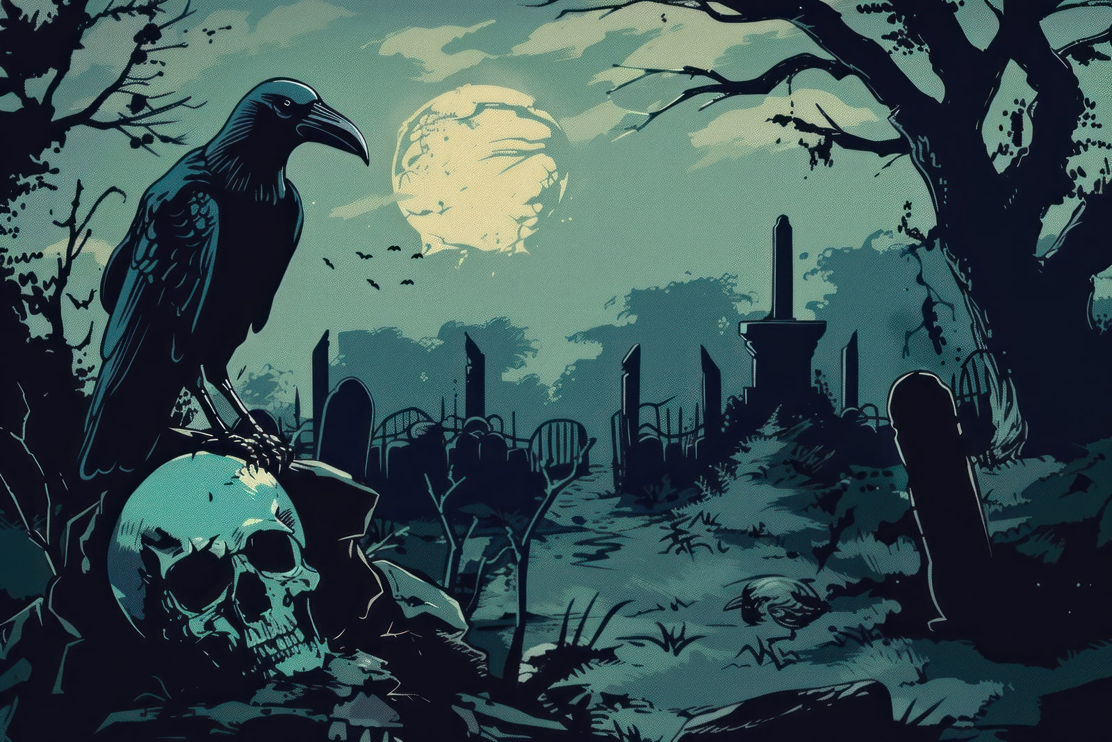 Gothic Wallpaper – Raven on Skull and Misty Cemetery