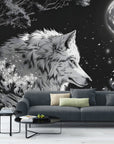 Papier Peint Japonais - Pleine Lune Et Loup