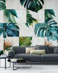 Papier Peint Exotique - Géométrique Plantes Tropicales Et Marbre