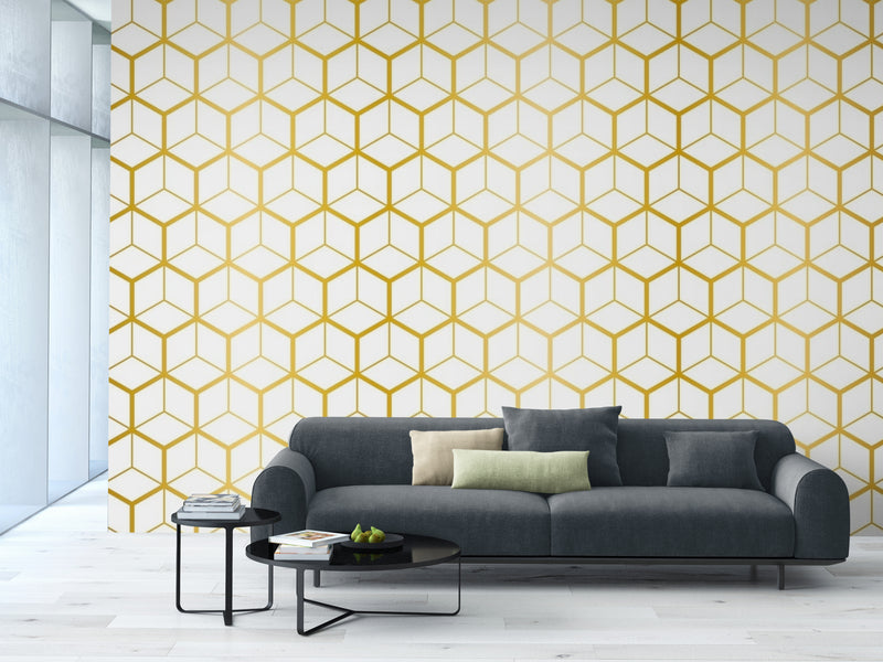 Papier Peint Géométrique - Hexagone Or