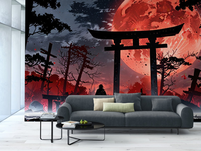 Papier Peint Japonais - Lune Rouge