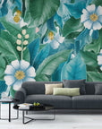 Papier Peint Floral - Fleurs Bleues Et Feuilles Vertes