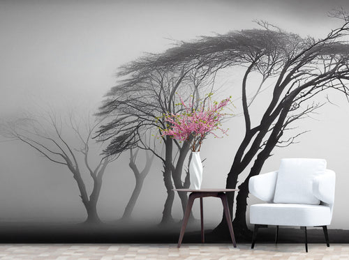 Papier Peint Noir et Blanc - Arbres dans la Brume