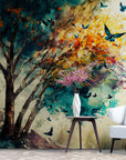 Papier Peint Abstrait - Arbres Et Papillons