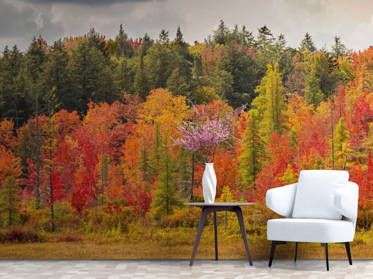 Papier Peint Paysage - Forêt en Feuilles Rouges d'Automne