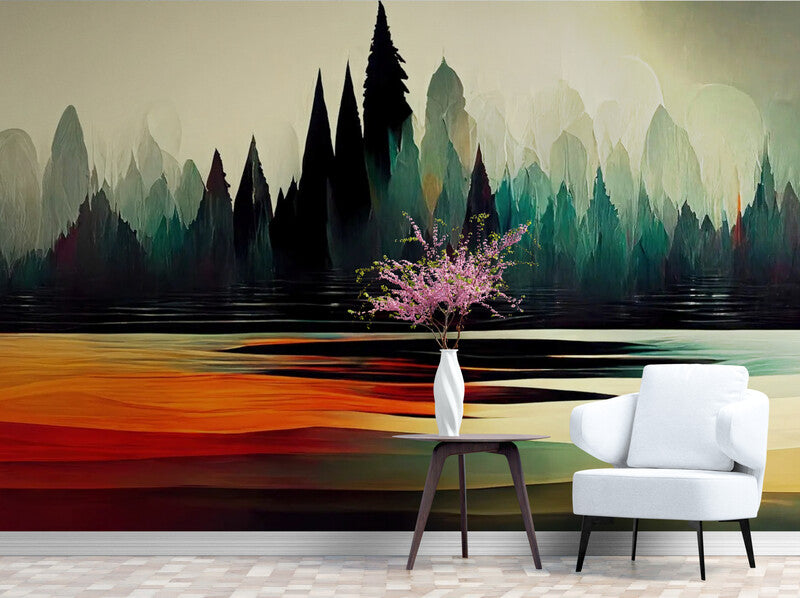 Papier Peint Abstrait - Paysage Forêt Et Lac