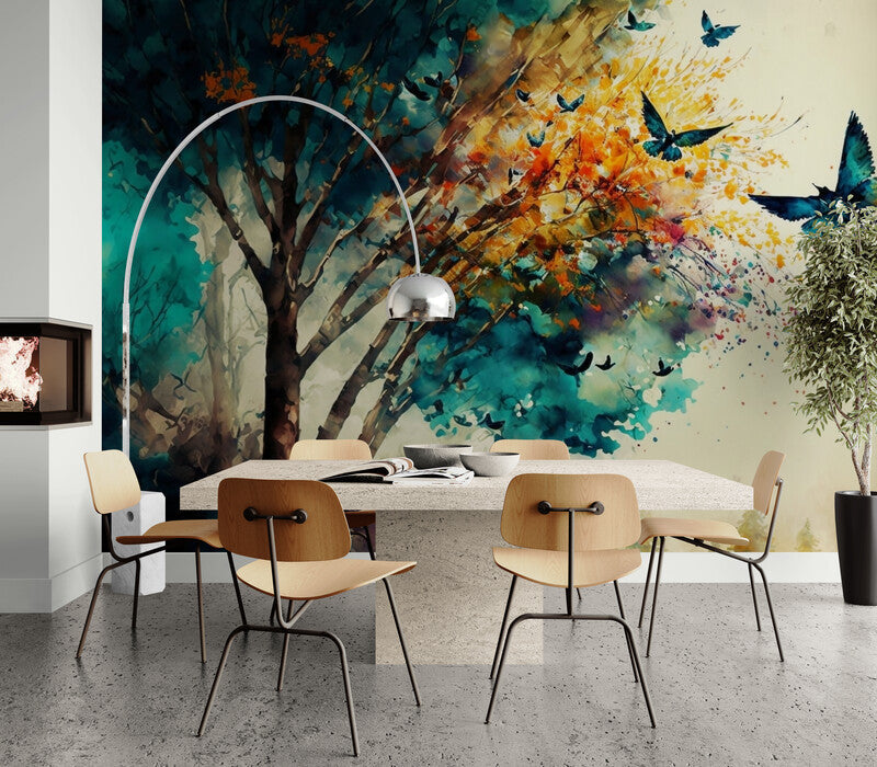 Papier Peint Abstrait - Arbres Et Papillons