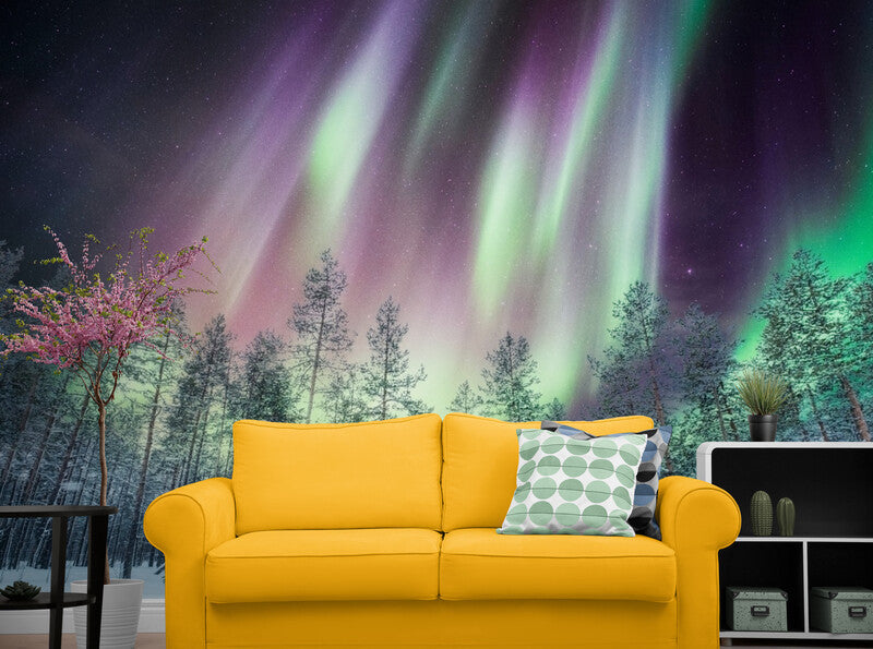 Papier Peint Paysage- Forêt Enneigée Et Aurore Boréale