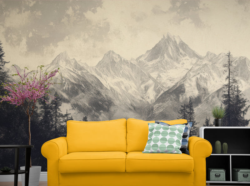 Papier Peint Vintage - Montagne Et Forêt