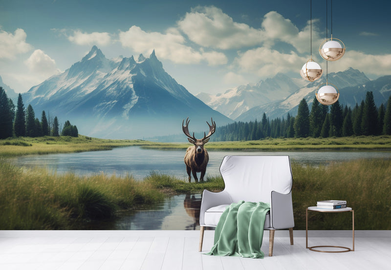 Papier Peint Paysage - Cerf dans l'eau