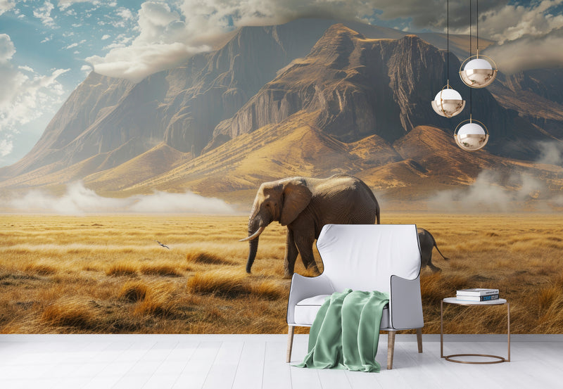 Papier Peint Savane - Éléphants et Montagnes