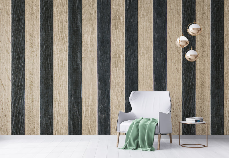 Papier Peint Bois - Rayures Beiges et Noires
