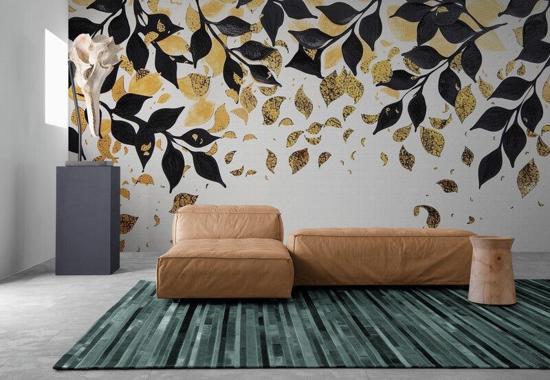 Papier Peint Nature - Feuilles De Noir Et Doré