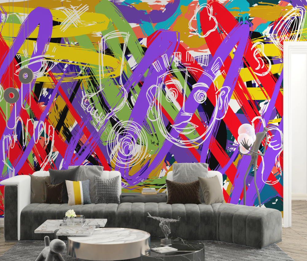 Papier peint graffiti - tags abstraits violets et jaunes