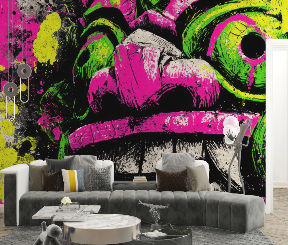 Papier peint graffiti - masque de monstre rose et vert fluo