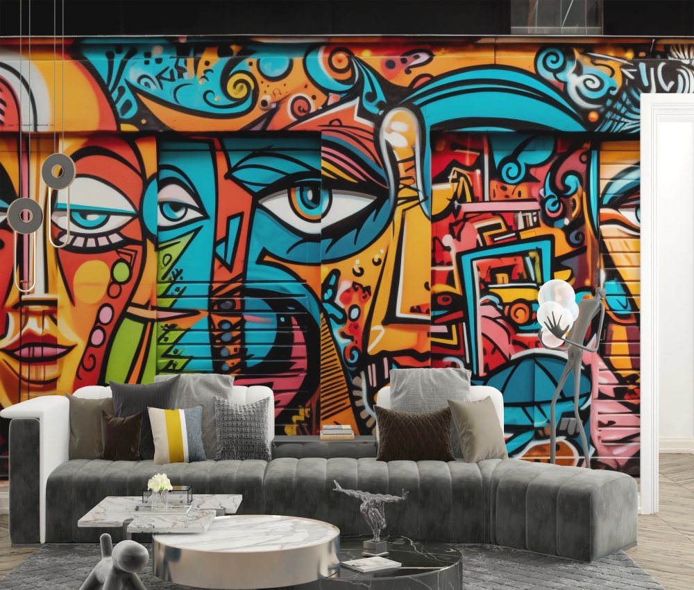 Papier peint graffiti - portraits cubistes multicolores imbriqués