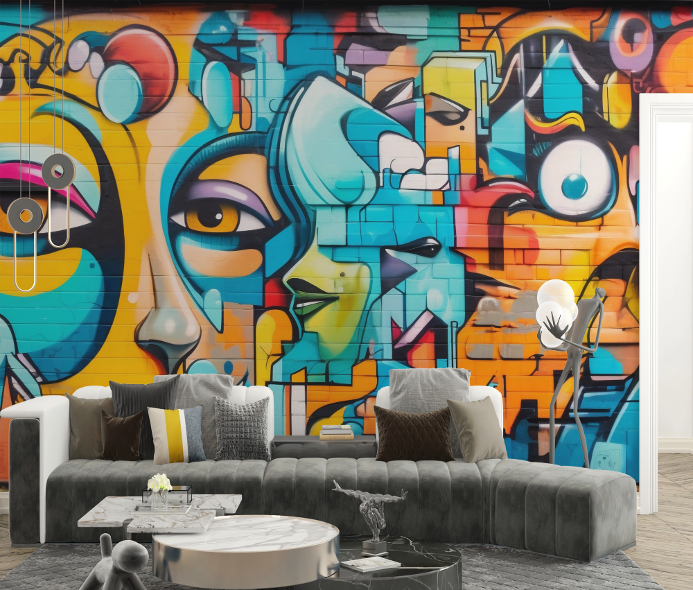 Papier peint graffiti - visages abstraits colorés style street art