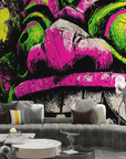 Papier peint graffiti - masque de monstre rose et vert fluo