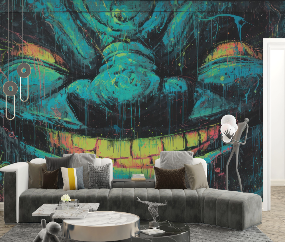 Papier peint graffiti - monstre souriant bleu et vert dans l'ombre