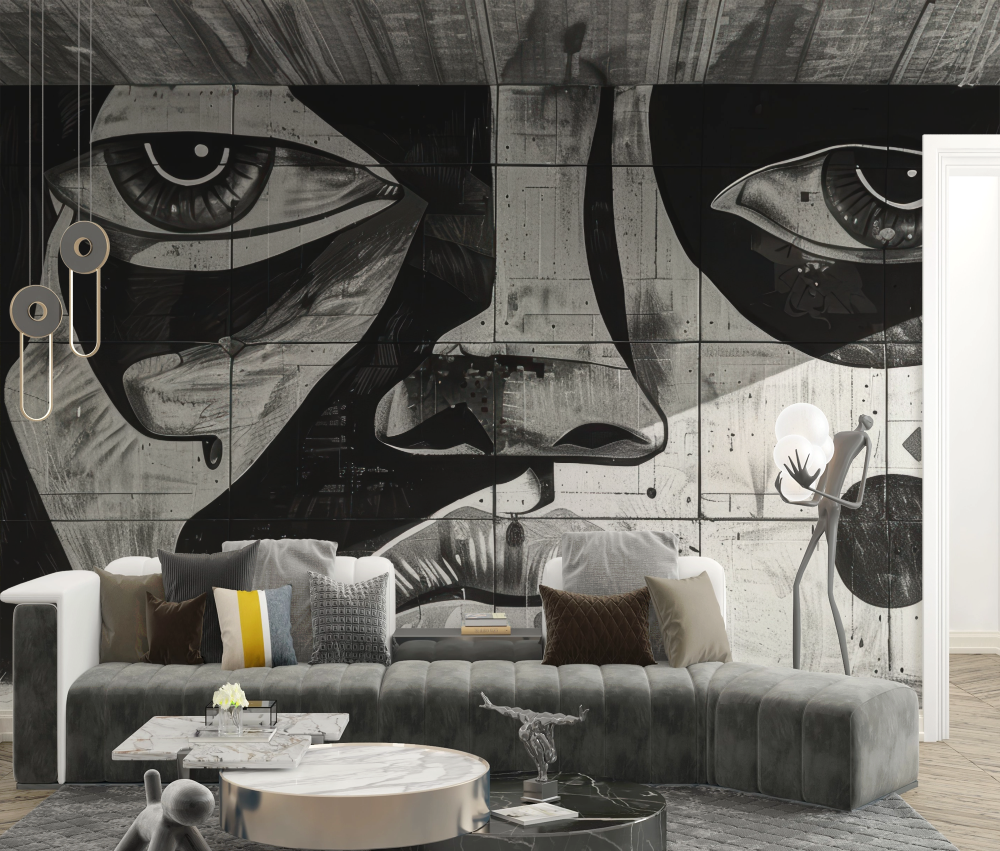 Papier peint graffiti - portrait de femme en noir et blanc mural