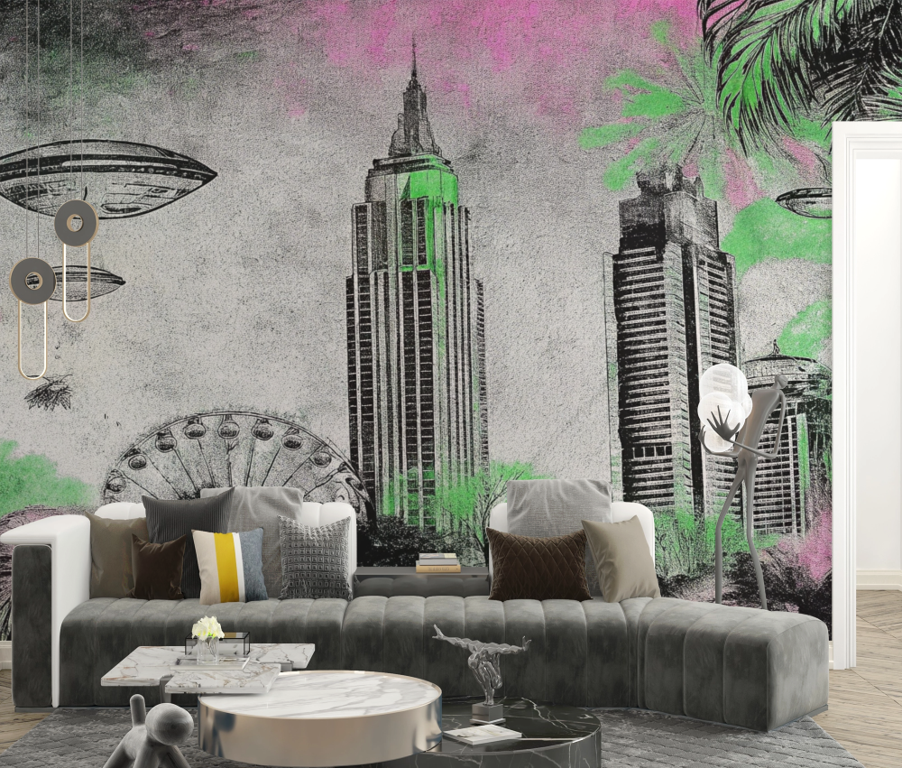 Papier peint pop art - gratte-ciels de new york en noir et vert