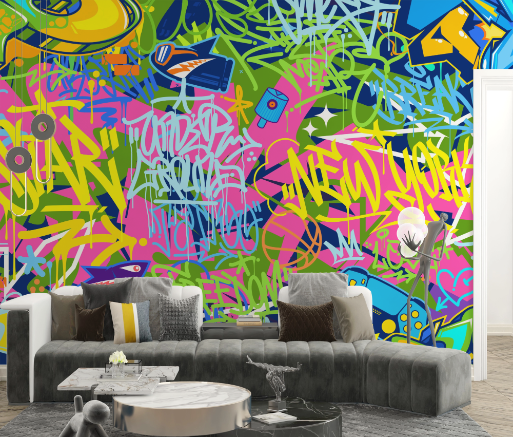 Papier peint graffiti - lettrages sauvages multicolores