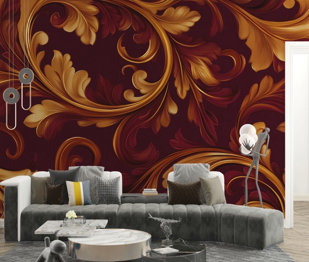 Papier peint baroque - rinceaux classiques marron et or sombres