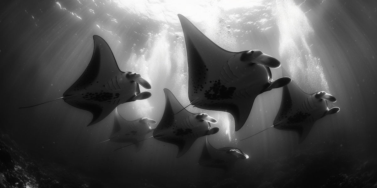 Papier peint animaux - raies manta en noir et blanc
