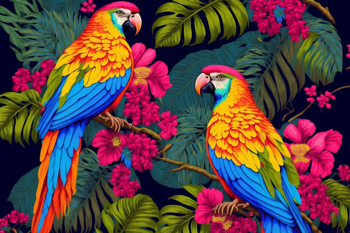 Tropical Wallpaper - Exotic Parrots and Flowers