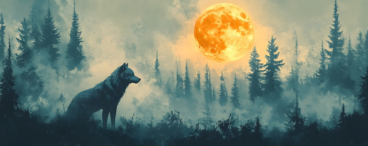 Papier peint animaux - loup hurlant à la lune rousse