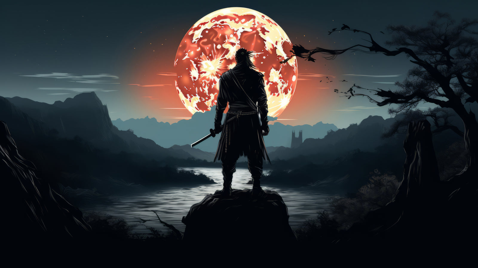 Papier Peint Samouraï - Guerrier face à la Lune Rouge