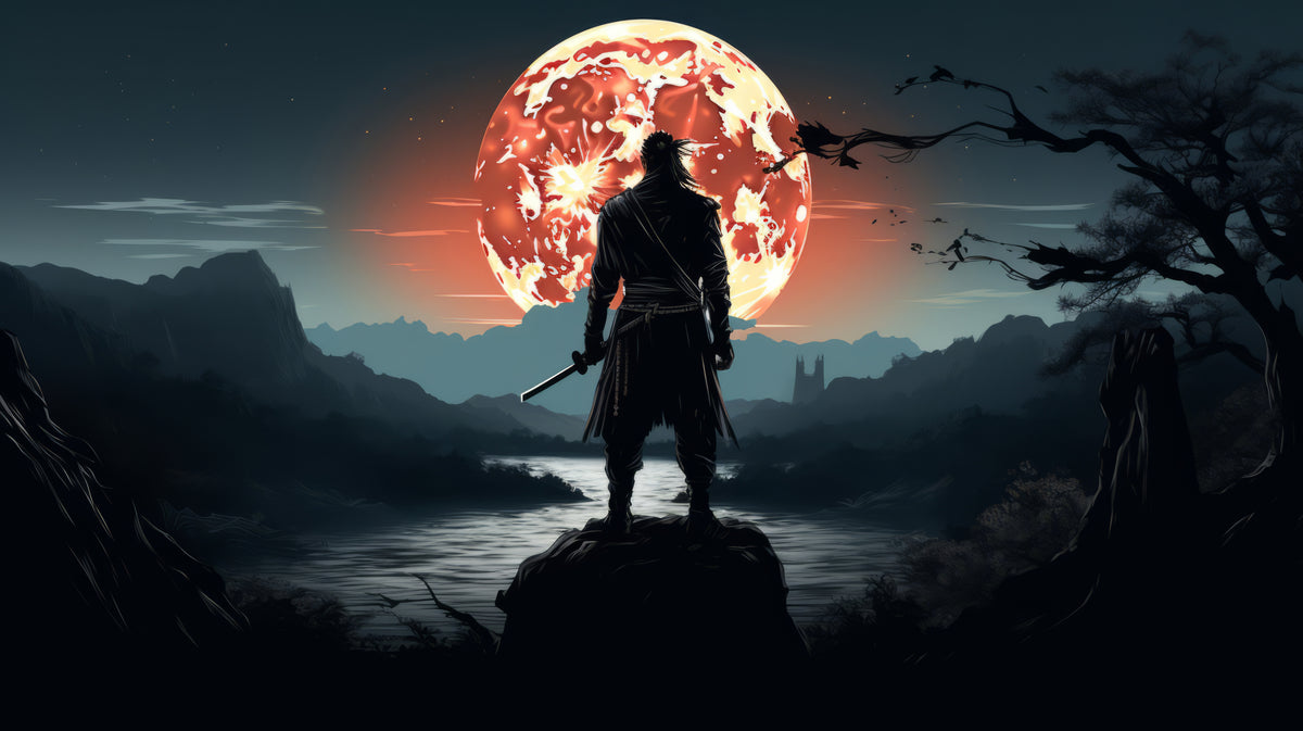 Papier peint samouraï - Guerrier face à la lune rouge