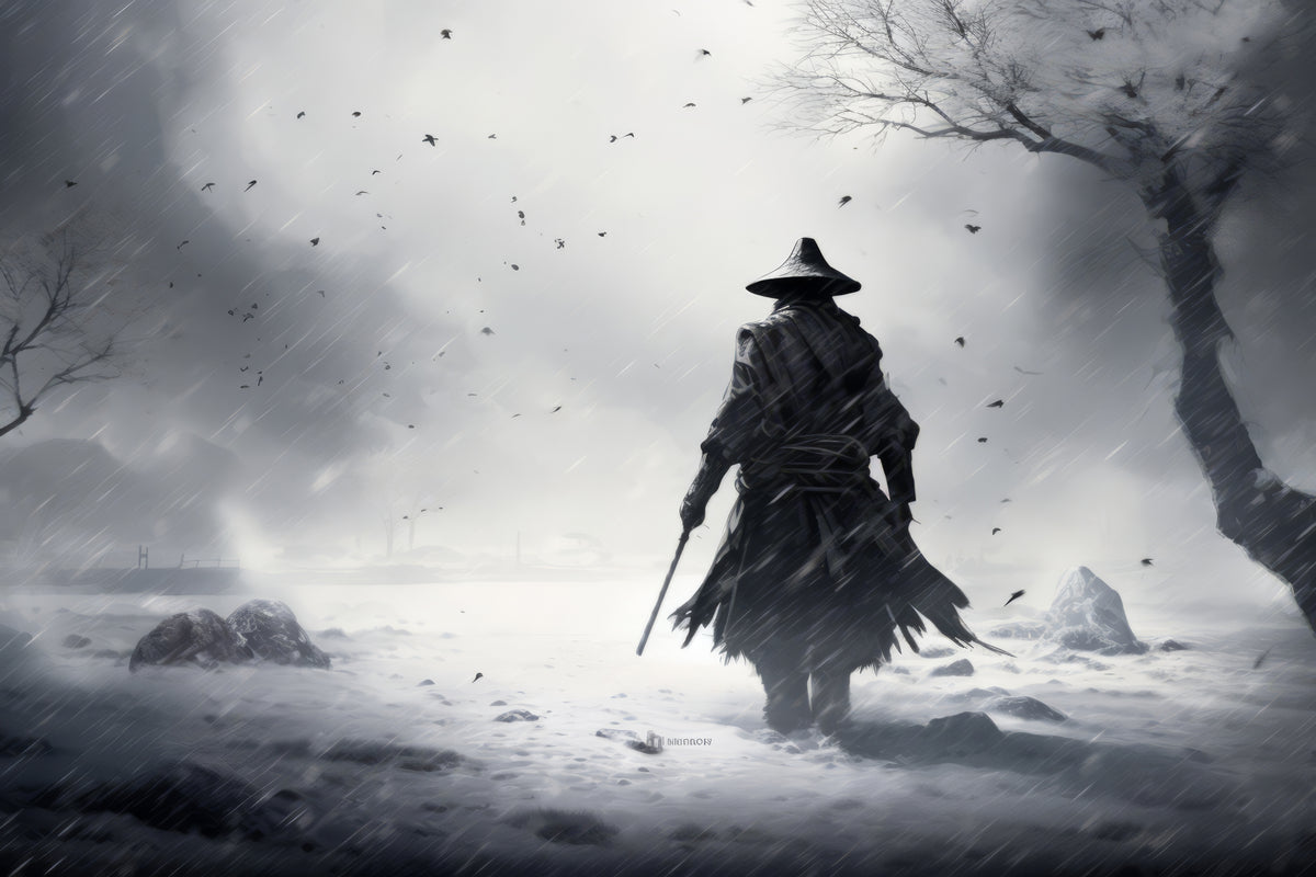 Papier peint fantaisie - Guerrier dans un paysage enneigé en noir et blanc