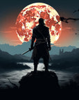 Papier Peint Samouraï - Guerrier face à la Lune Rouge